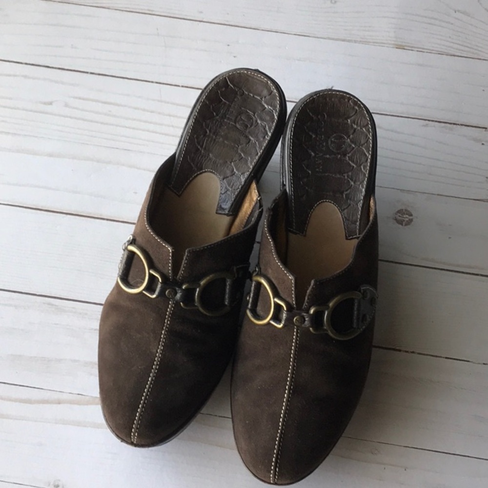 Cole Haan dark brown leather mule with gold buckle